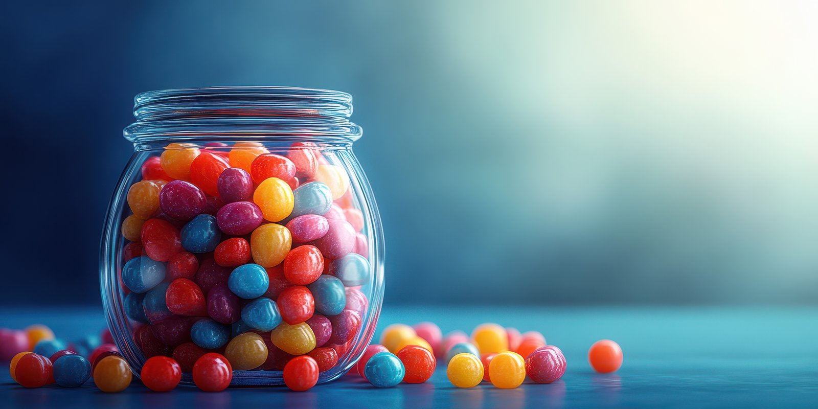 Colorful candy jar spills sweets on a vibrant blue surface during a bright afternoon